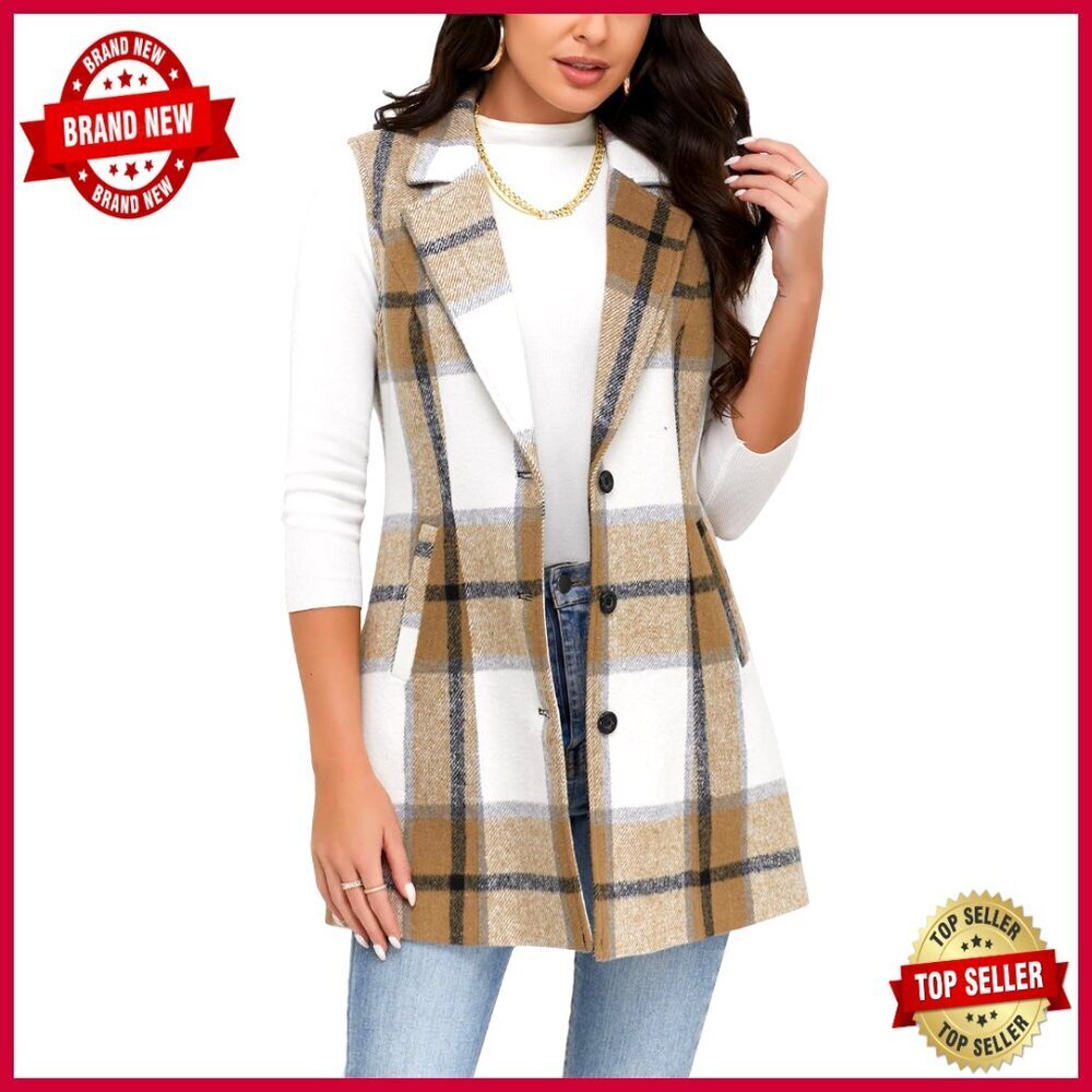 Sleeveless Wool Plaid Vest Long Blazer Jacket Cardigan Outerwear Regular Fit